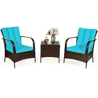 3 Pcs Patio Conversation Rattan Furniture Set with Glass Top Coffee Table and Cushions-Gray