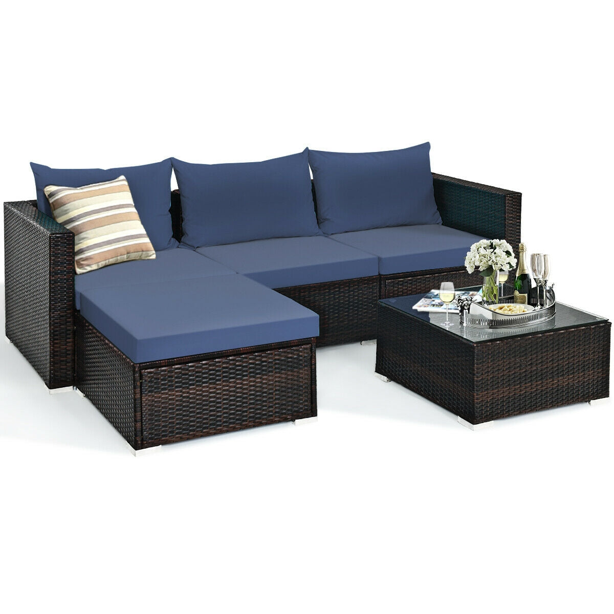 5 Pieces Patio Rattan Sectional Furniture Set with Cushions and Coffee Table-Red