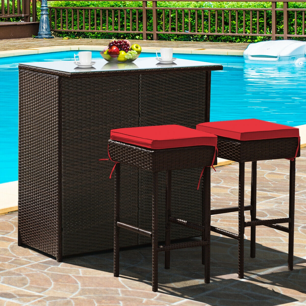 Juego de comedor de 3 piezas para patio de mimbre con mesa alta y taburetes - Rojo