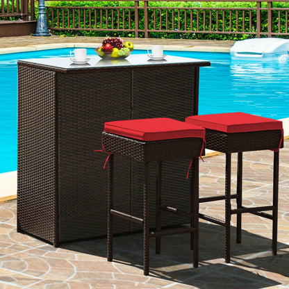 Juego de comedor de 3 piezas para patio de mimbre con mesa alta y taburetes - Rojo