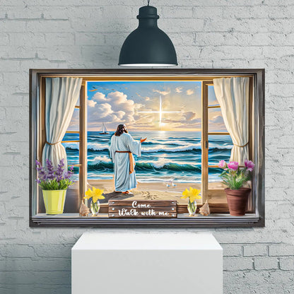 Come Walk With Me Faith Sign V canvas displayed in a window with seaside scene and flowers on Tampa Home & Garden Store