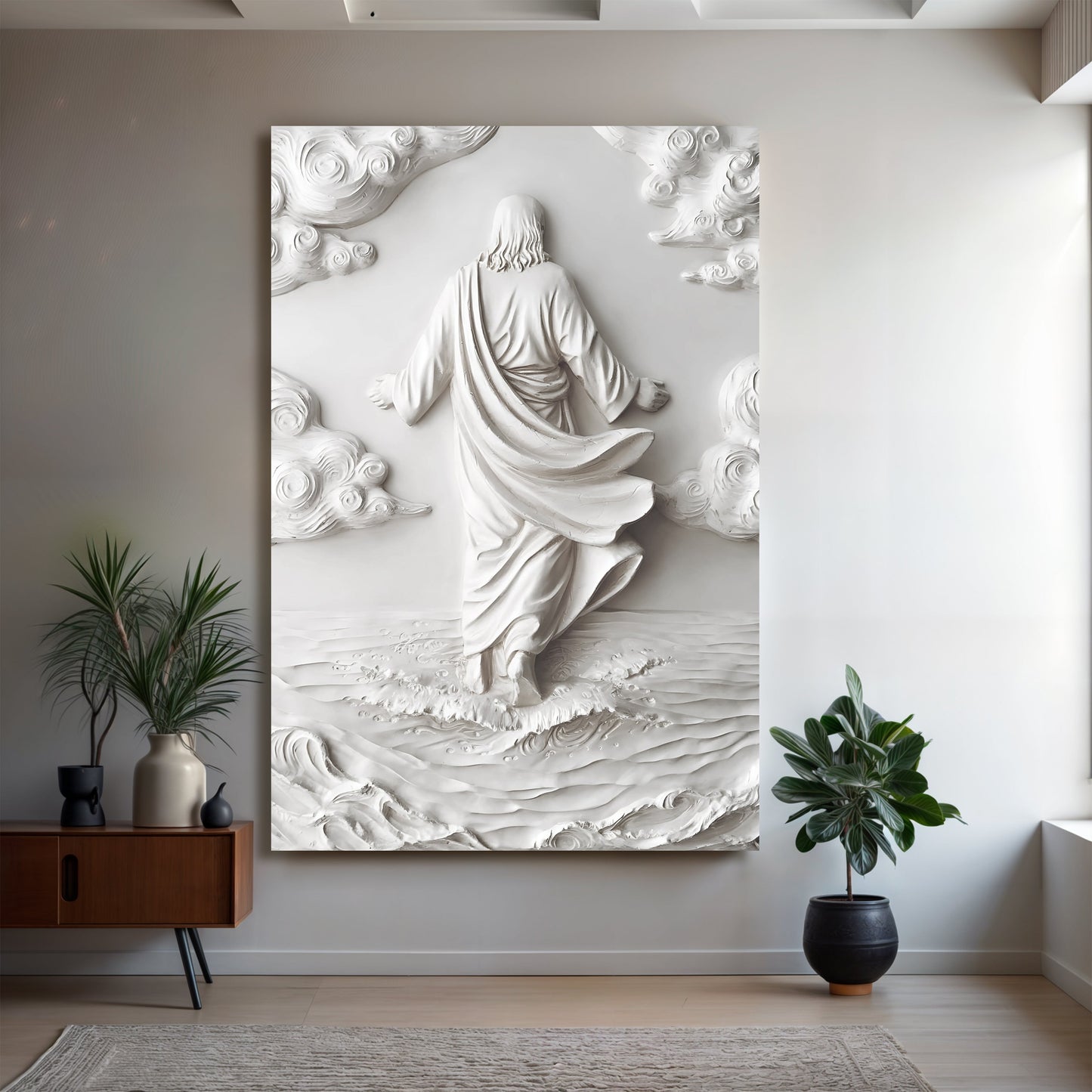 3D minimalist Jesus walking on water canvas wall art Tailored Canvases, white relief on Tampa Home & Garden Store
