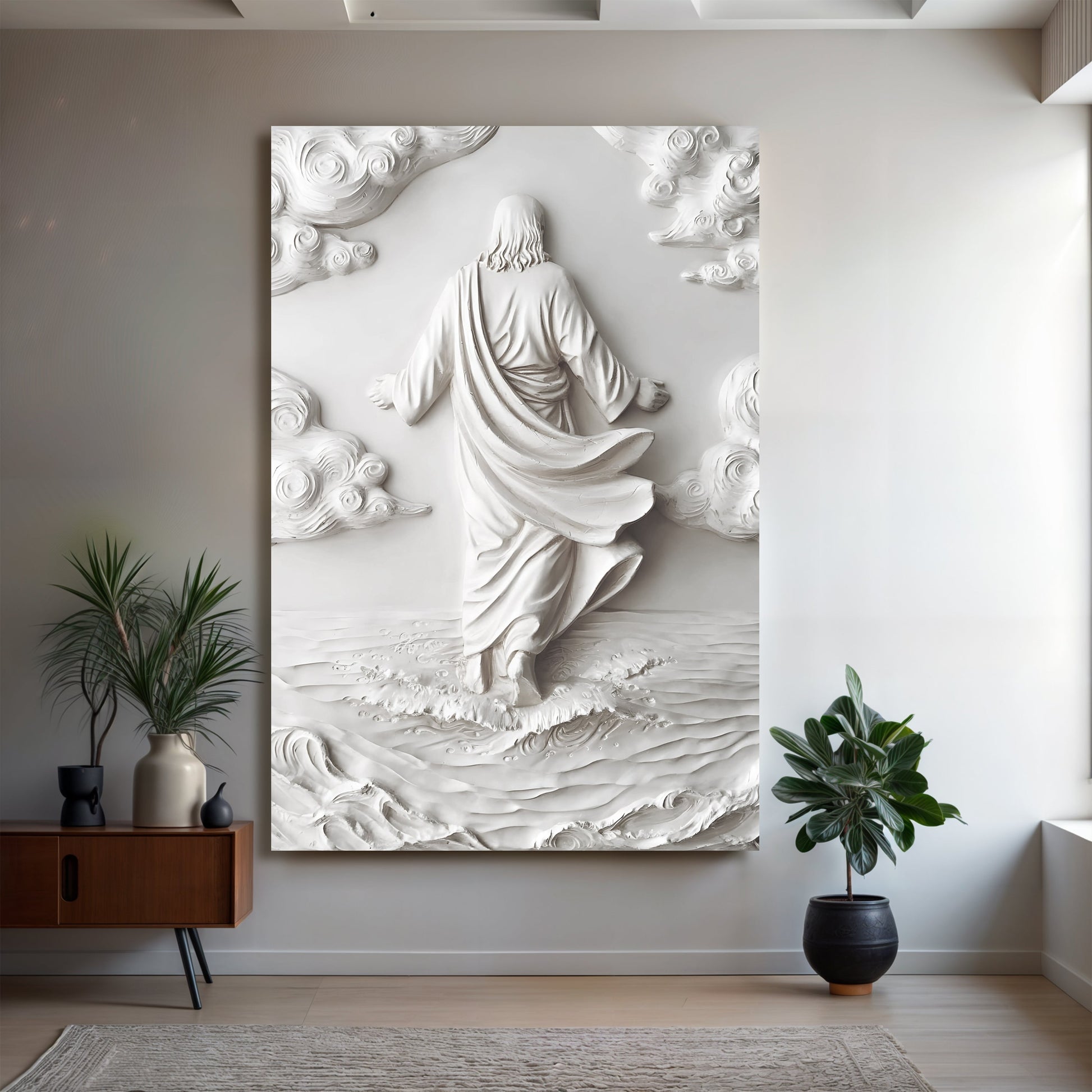 3D minimalist Jesus walking on water canvas wall art Tailored Canvases, white relief on Tampa Home & Garden Store