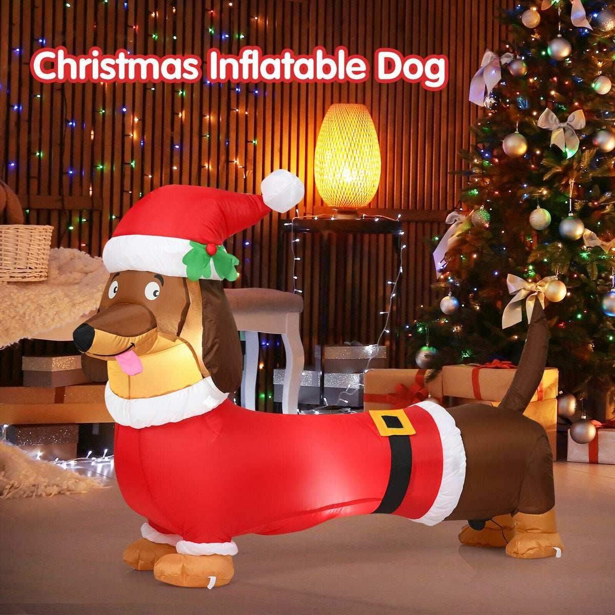 5 Feet Inflatable Christmas Dog with LED Lights in red Santa suit and brown body on Tampa Home & Garden Store