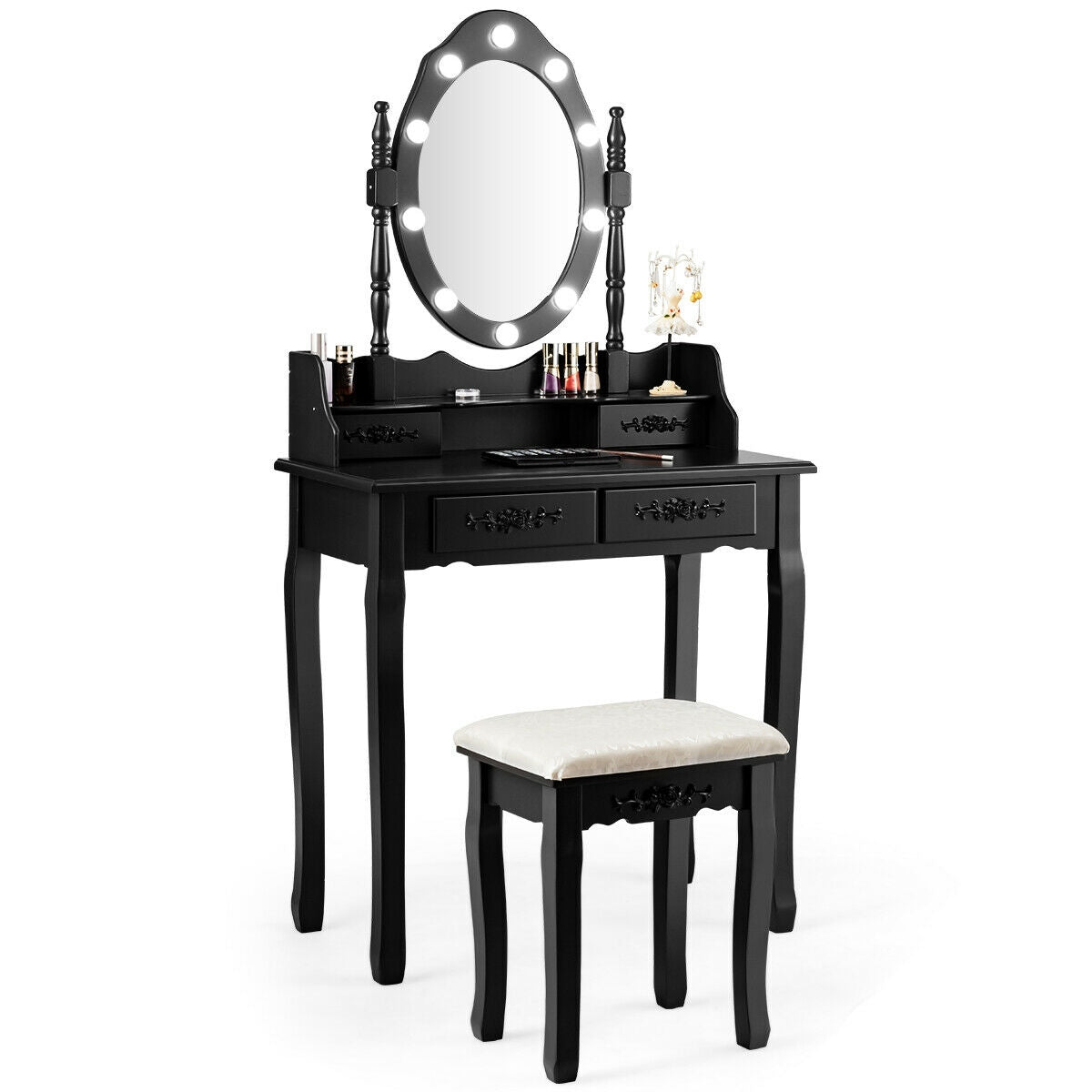 Makeup Vanity Dressing Table Set with Dimmable Bulbs Cushioned Stool-White