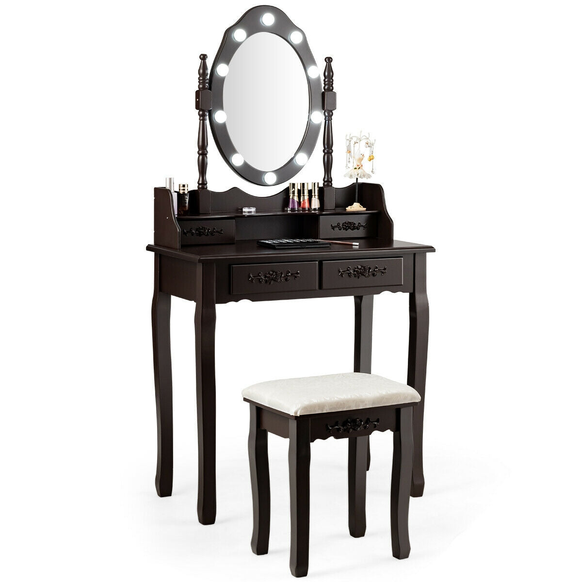 Makeup Vanity Dressing Table Set with Dimmable Bulbs Cushioned Stool-White