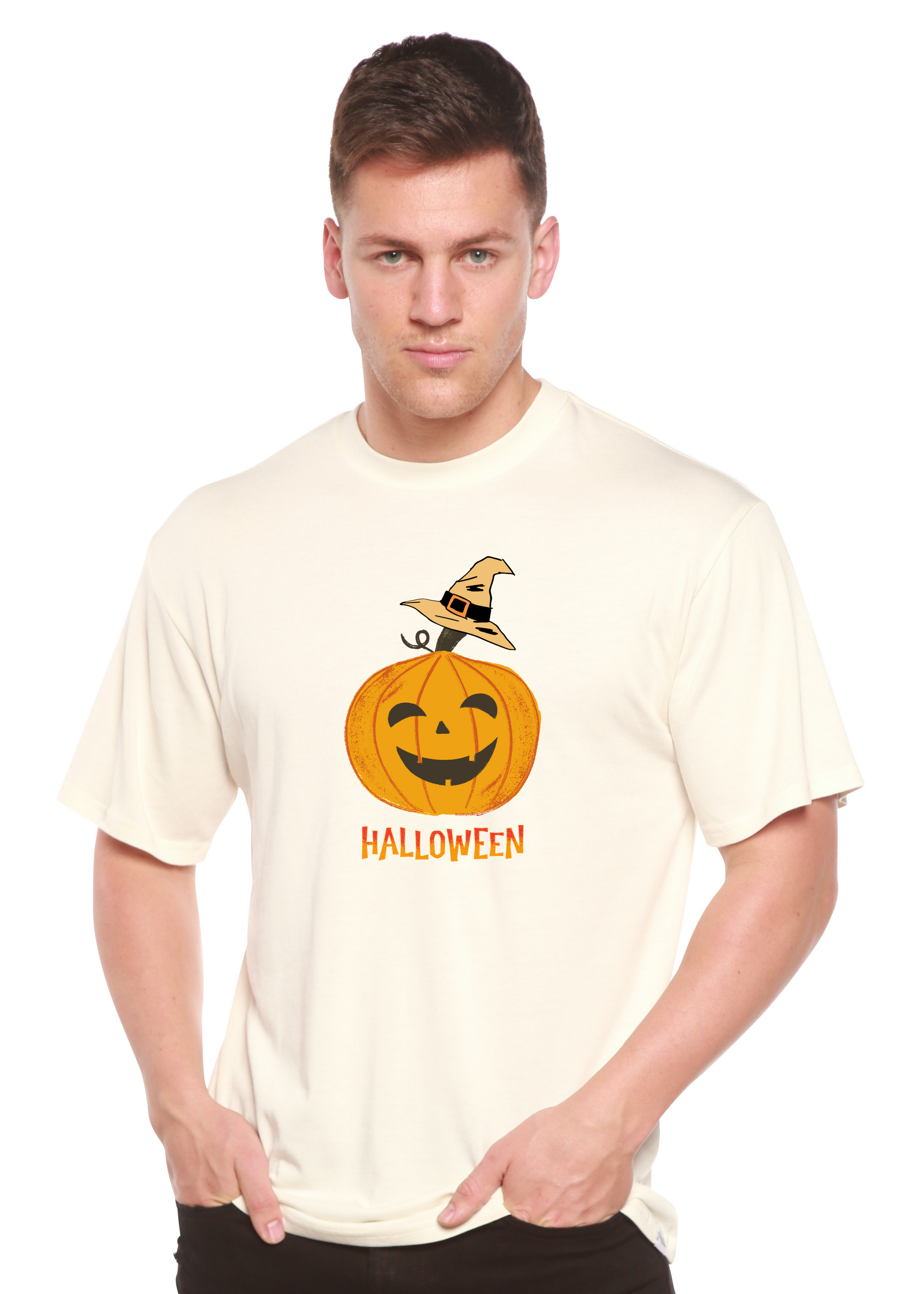Halloween pumpkin tee with orange pumpkin and witch hat, cream short sleeve on Tampa Home & Garden Store