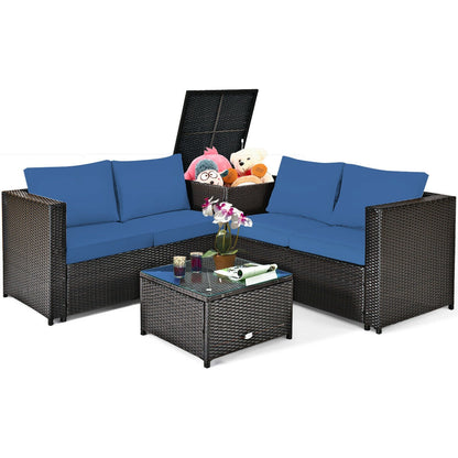Juego de muebles de ratán para patio exterior de 4 piezas con sofá biplaza acolchado y caja de almacenamiento - Rojo