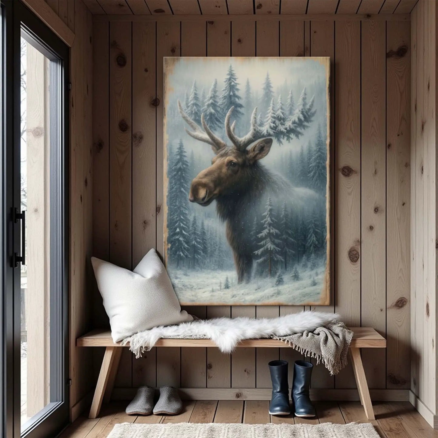 Snowy Forest Moose Double Exposure Canvas wall art featuring a moose and frosted pine forest on Tampa Home & Garden Store