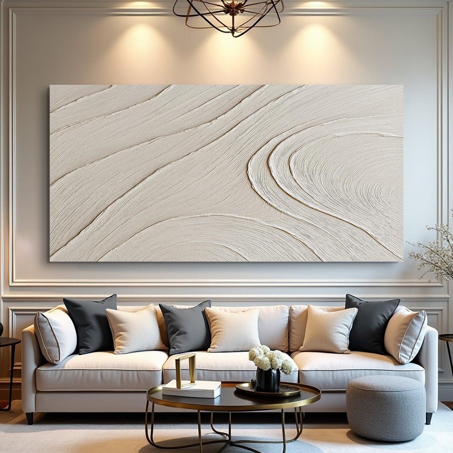 Minimalist wall art canvas with textured cream swirl pattern in a paneled living room on Tampa Home & Garden Store
