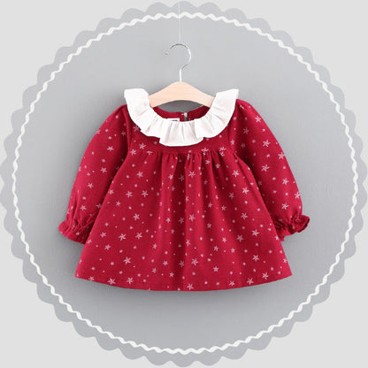 Stevvex red knit baby dress with white star print and white ruffled collar and long sleeves on Tampa Home & Garden Store