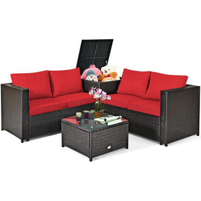 Juego de muebles de ratán para patio exterior de 4 piezas con sofá biplaza acolchado y caja de almacenamiento - Rojo