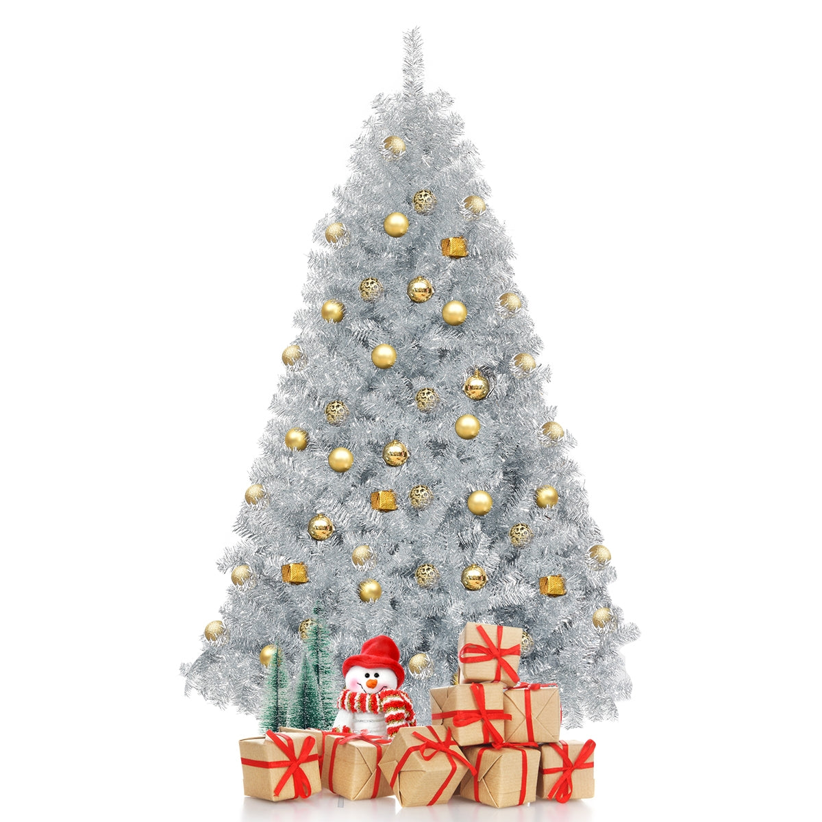Árbol de Navidad artificial de oropel plateado de 1,8 m con bisagras sin luces y base de metal