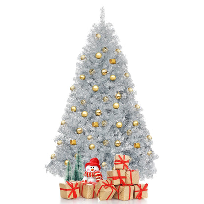 Árbol de Navidad artificial de oropel plateado de 1,8 m con bisagras sin luces y base de metal