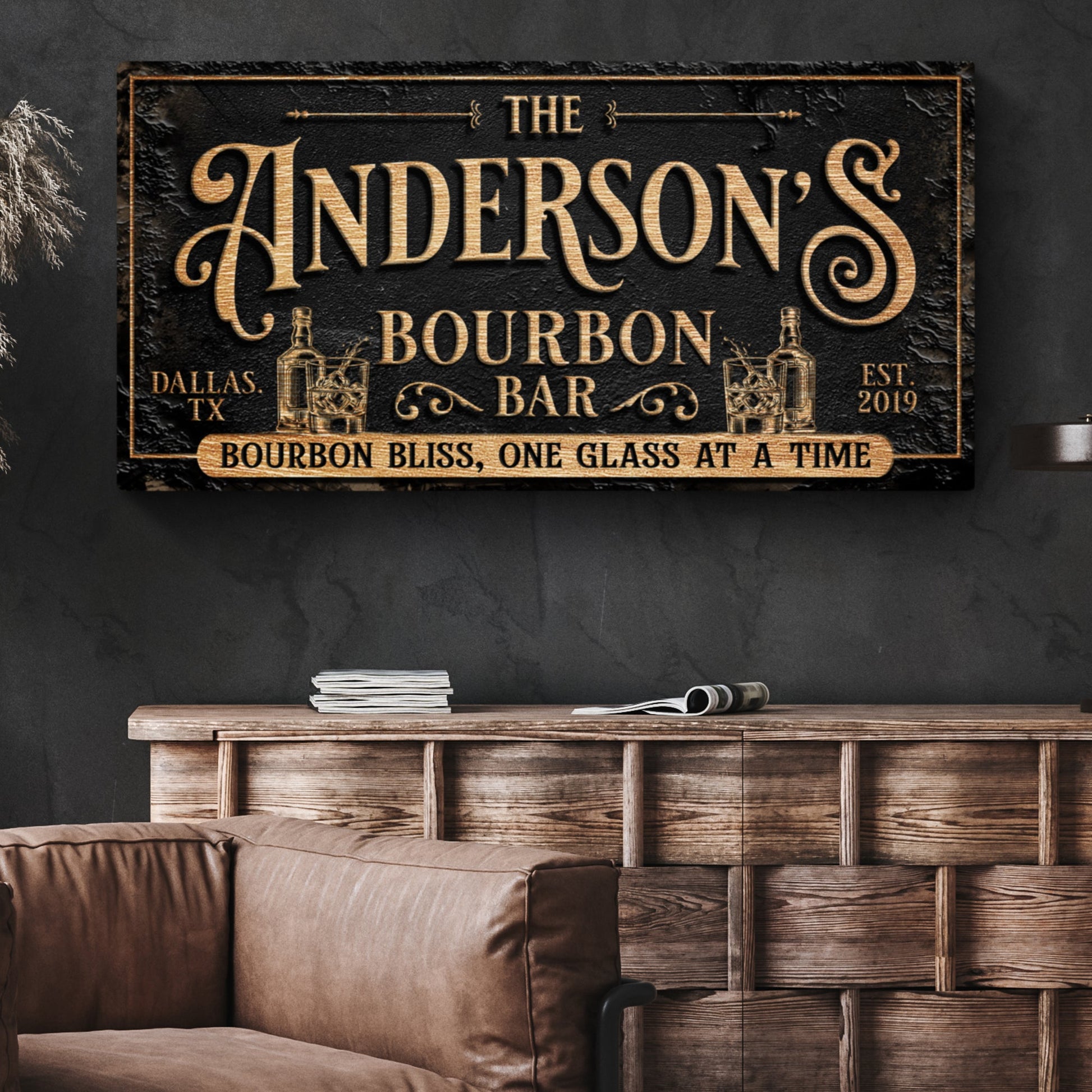 Personalized Bourbon Bar Sign III canvas with black textured background and gold lettering on Tampa Home & Garden Store