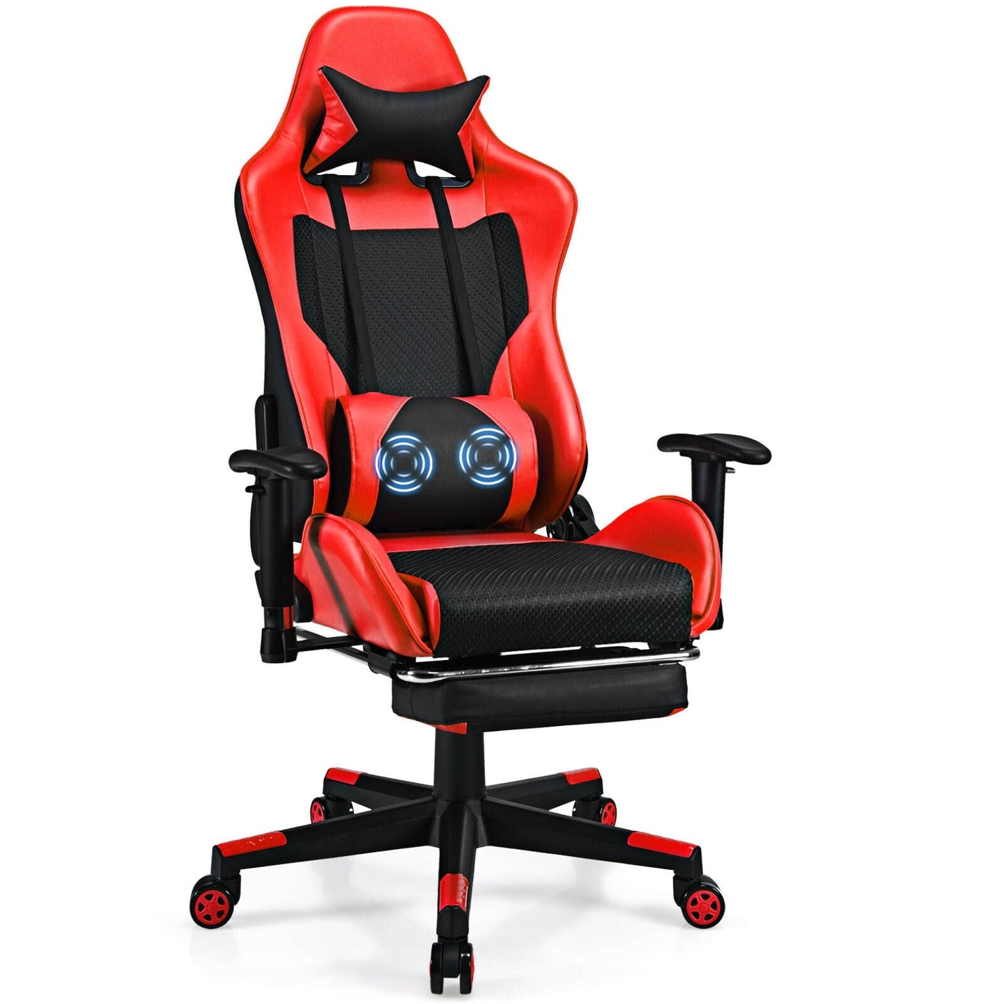 Silla Gaming de Cuero Sintético con Cojín Lumbar de Masaje USB y Reposapiés - Rosa