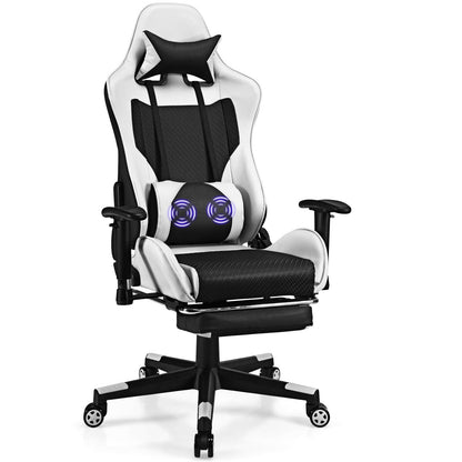 Silla Gaming de Cuero Sintético con Cojín Lumbar de Masaje USB y Reposapiés - Rosa