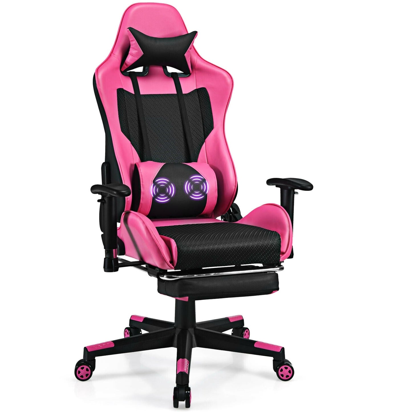 Silla Gaming de Cuero Sintético con Cojín Lumbar de Masaje USB y Reposapiés - Rosa