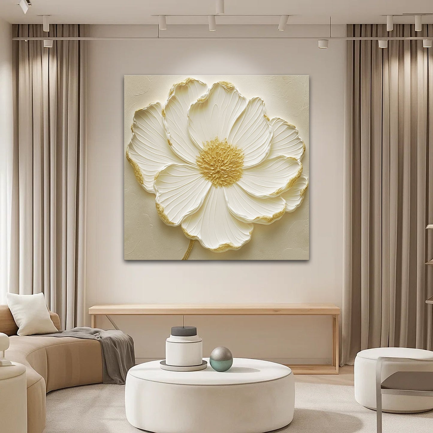 Modern Abstract Flower Wall Art canvas by Tailored Canvases with white petals and gold accents on Tampa Home & Garden Store