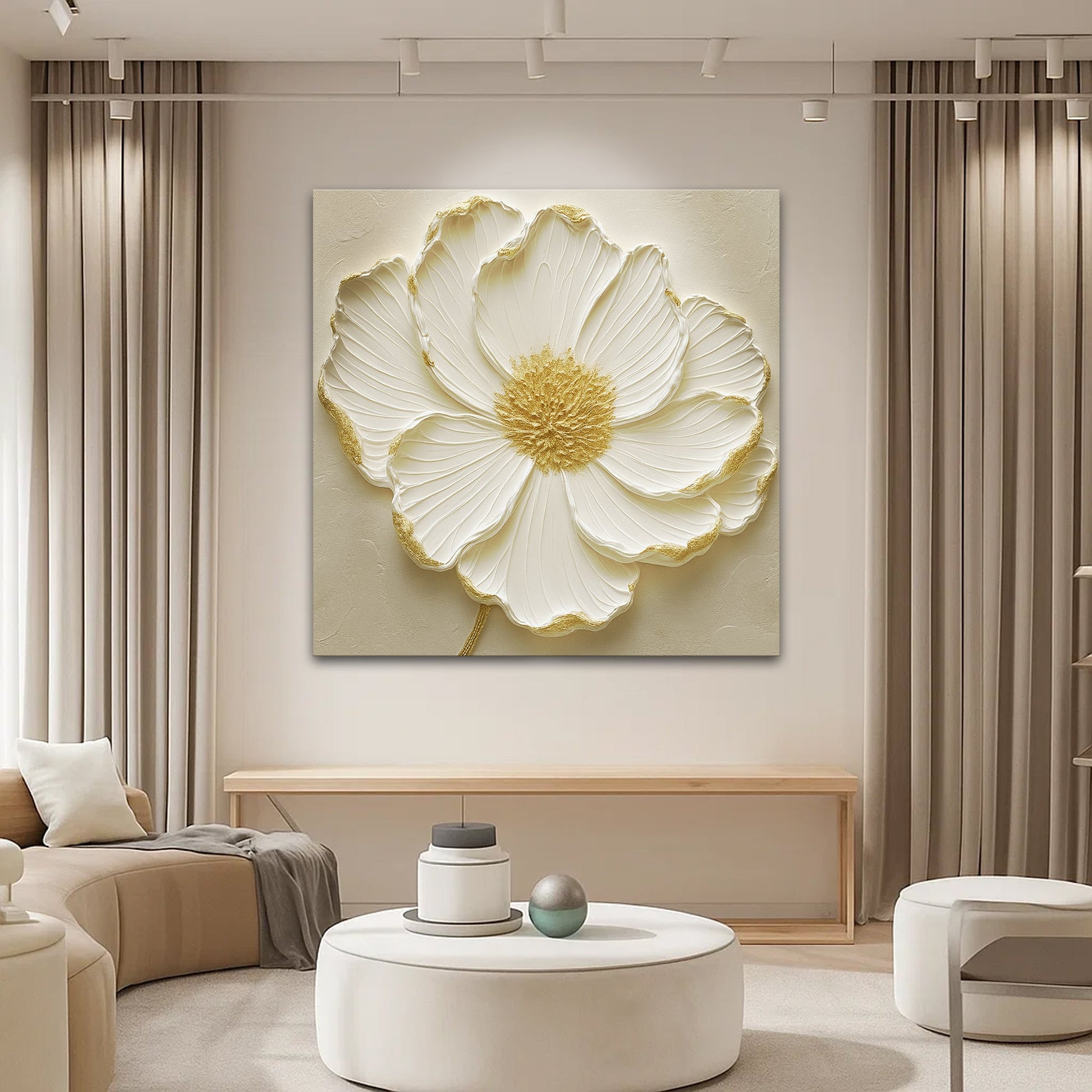 Modern Abstract Flower Wall Art canvas by Tailored Canvases with white petals and gold accents on Tampa Home & Garden Store