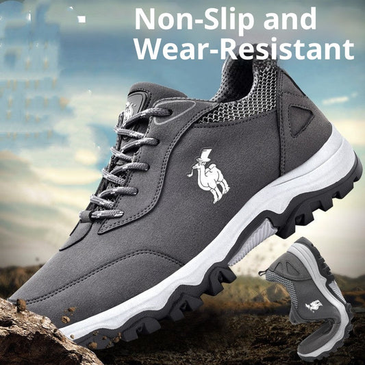 Pair of Stevvex men's running shoes, grey breathable upper with lug outsole and logo on Tampa Home & Garden Store