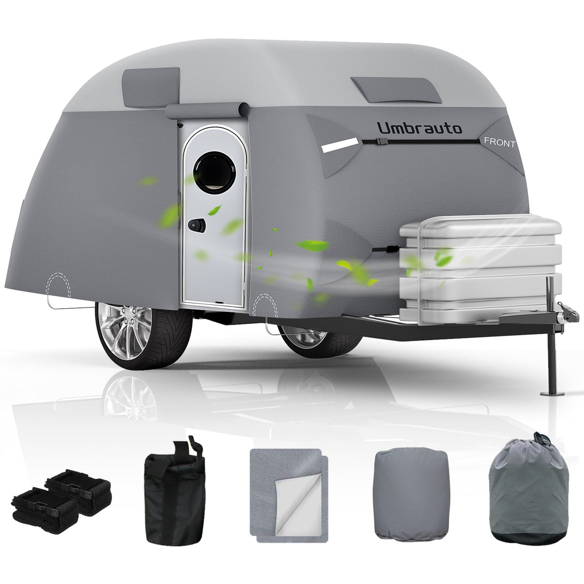 Umbrauto 7-layer teardrop trailer cover in grey with front zipper, includes storage straps on Tampa Home & Garden Store