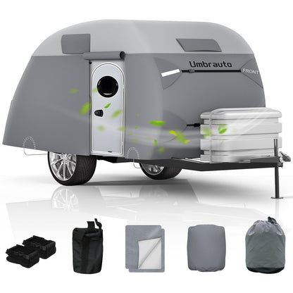 Umbrauto 7-layer teardrop trailer cover in grey with front zipper, includes storage straps on Tampa Home & Garden Store