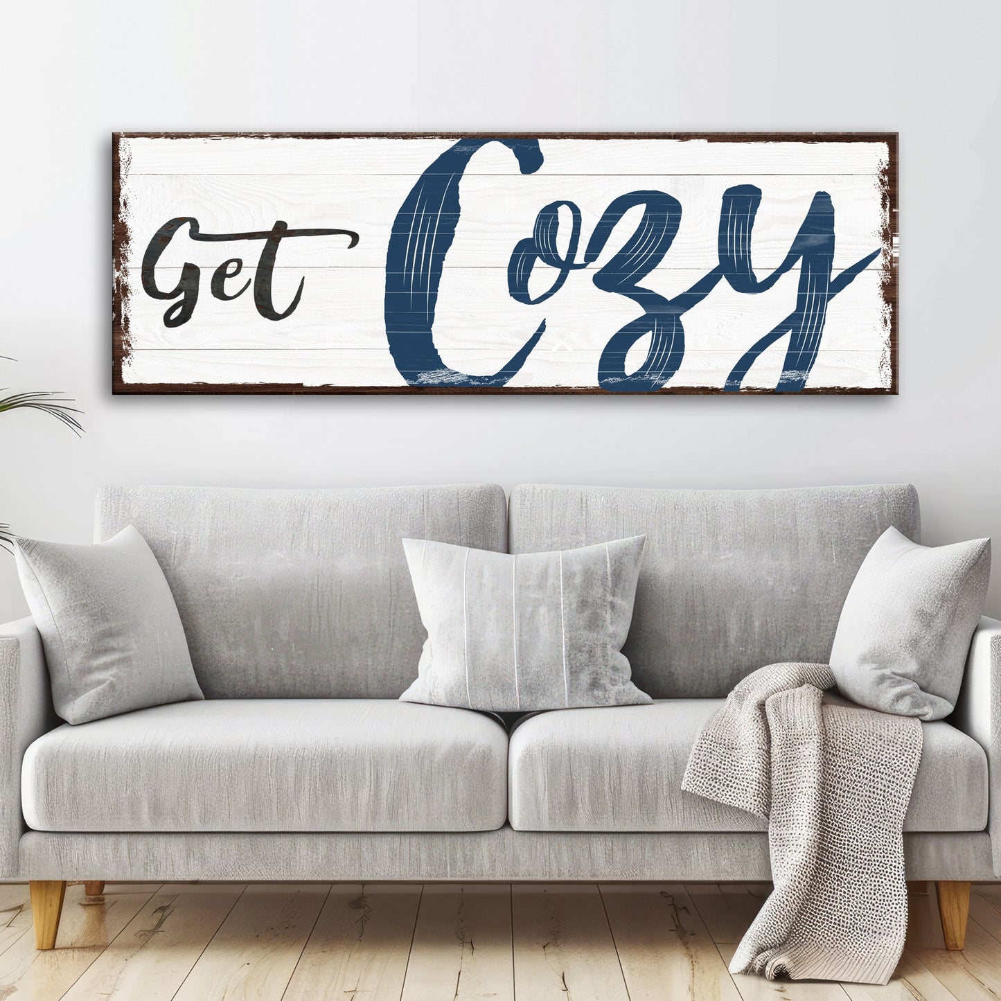 Get Cozy Sign crafting canvas on white distressed wood with navy blue script Tailored Canvases on Tampa Home & Garden Store