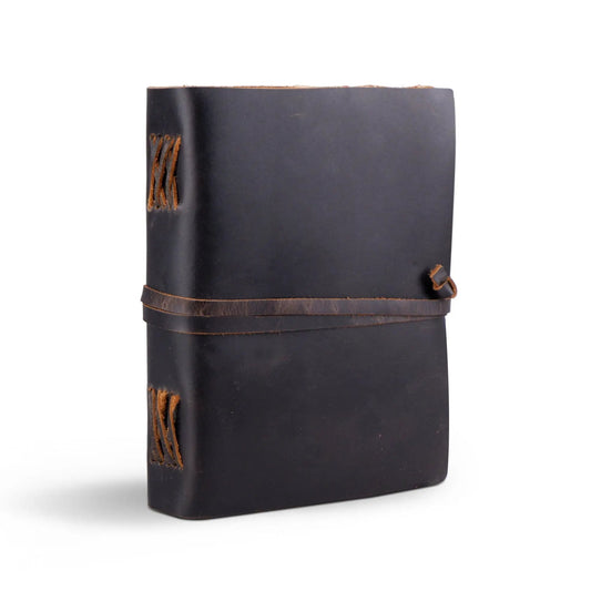 Ralph Waldo Full Grain Buffalo Leather Journal in dark black leather with wrap strap on Tampa Home & Garden Store