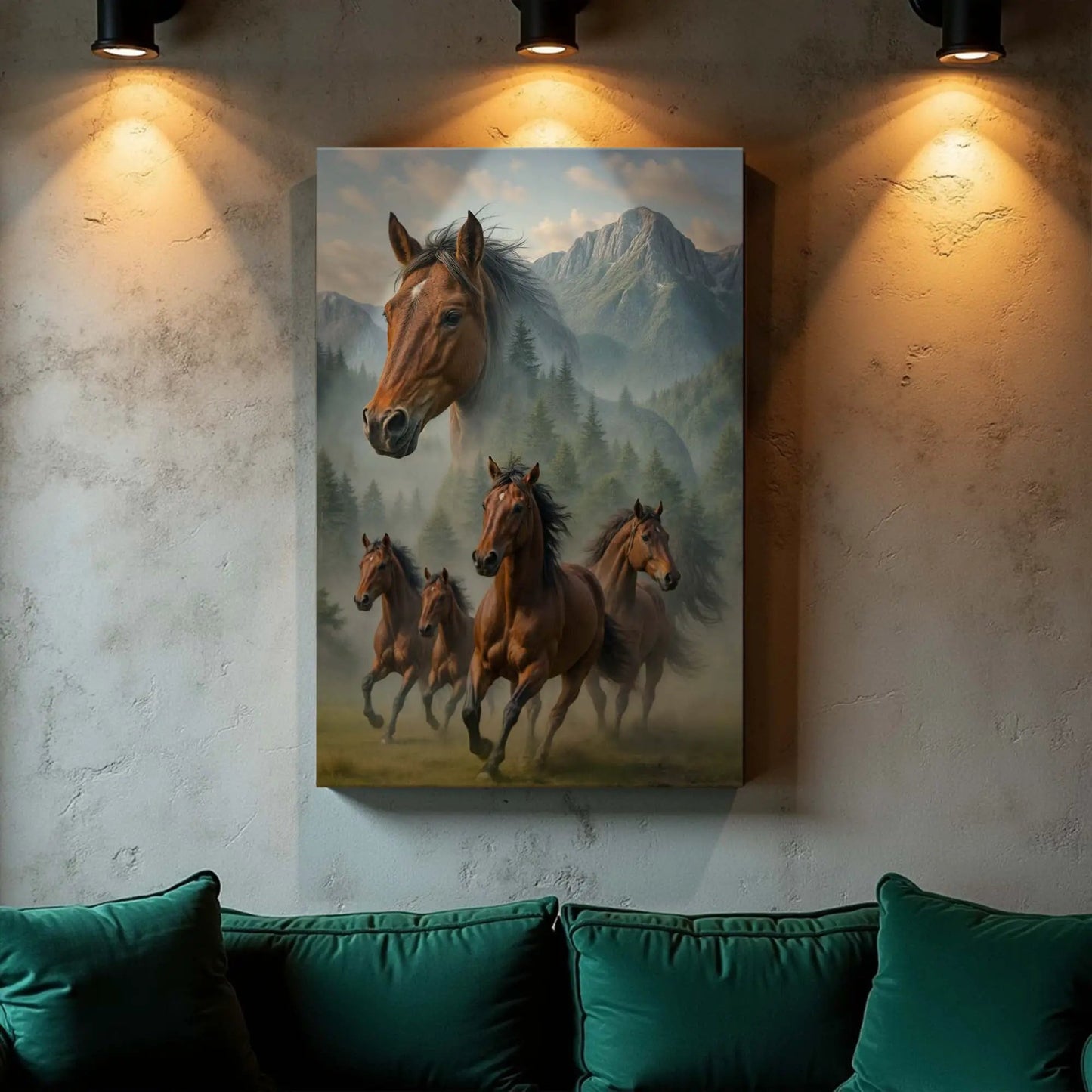 Galloping Horse Double Exposure Canvas wall art shows a herd racing past misty mountains on Tampa Home & Garden Store