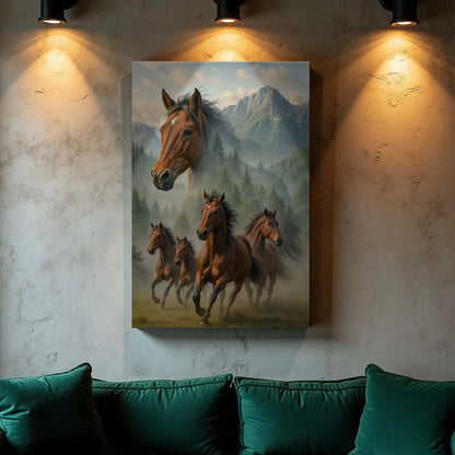 Galloping Horse Double Exposure Canvas wall art shows a herd racing past misty mountains on Tampa Home & Garden Store
