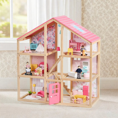 Dollhouse Tiny Land Sweetwood Love by Tiny Land INC, pink roofed wooden two-story with dolls on Tampa Home & Garden Store