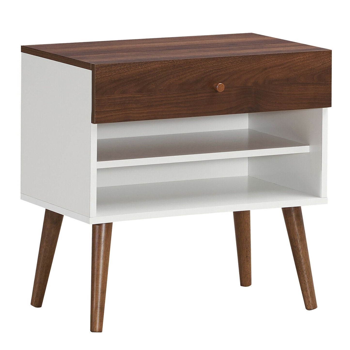 Mesa de noche de mediados de siglo con cajón y patas de madera de caucho