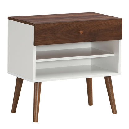 Mesa de noche de mediados de siglo con cajón y patas de madera de caucho