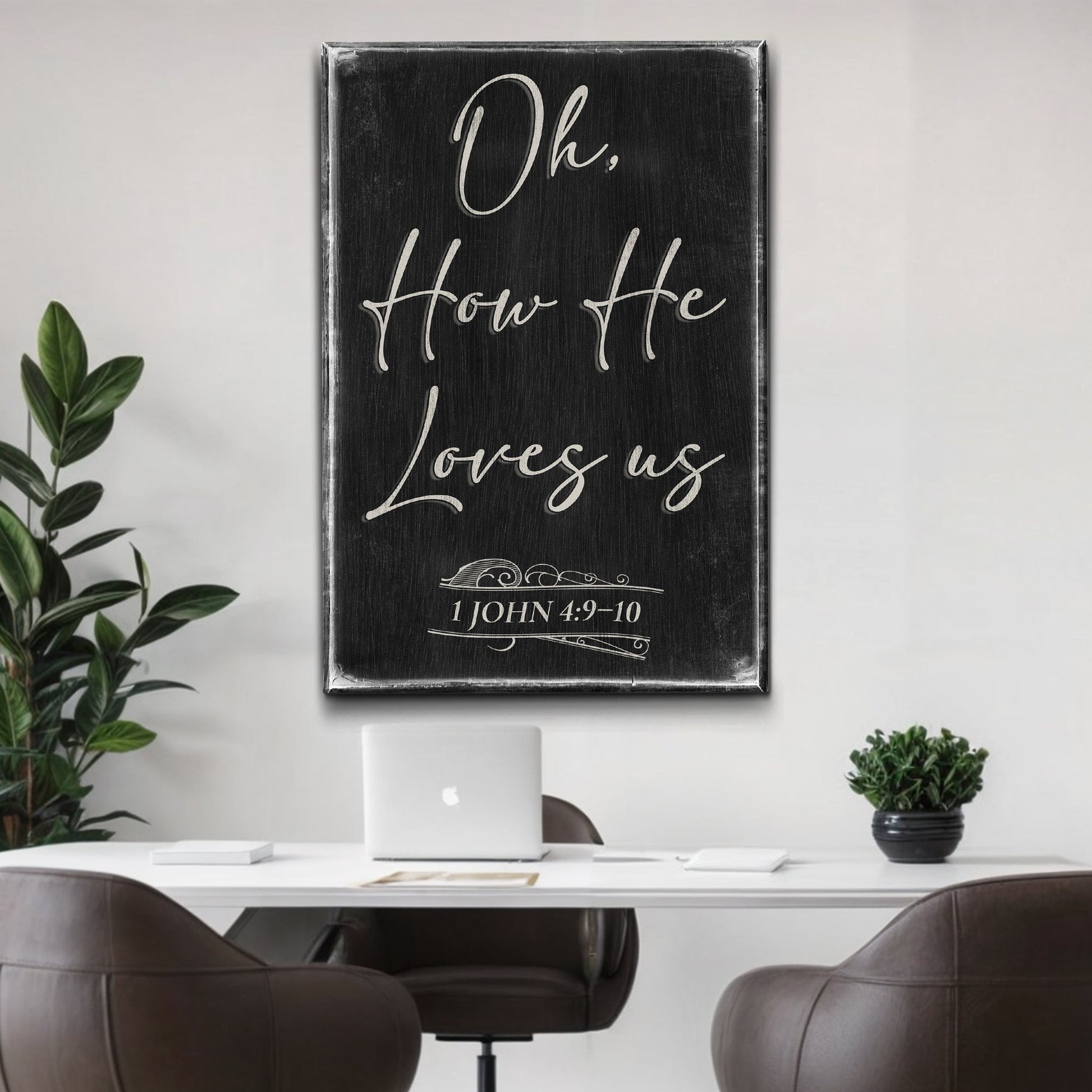 Faith sign canvas Tailored Canvases, black with white script 1 John 4:9-10 on Tampa Home & Garden Store