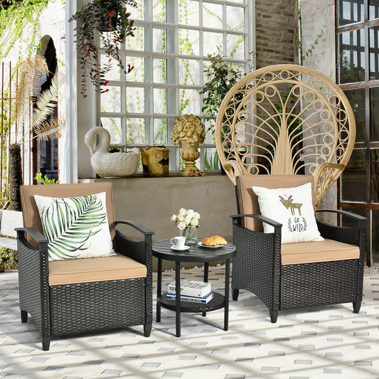 3 Pieces Patio Rattan Furniture Set Cushioned Sofa Storage Table with Shelf Garden - Tampa Home & Garden Store