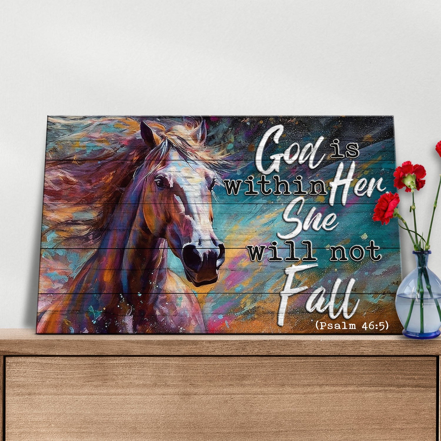 God Is Within Her faith sign canvas, colorful horse on rustic wood with Psalm 46:5 on Tampa Home & Garden Store