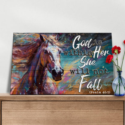 God Is Within Her faith sign canvas, colorful horse on rustic wood with Psalm 46:5 on Tampa Home & Garden Store