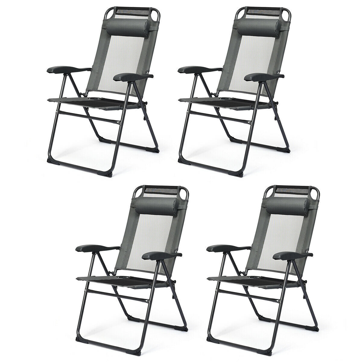 4 sillas plegables reclinables ajustables para jardín y patio con reposacabezas - Negras