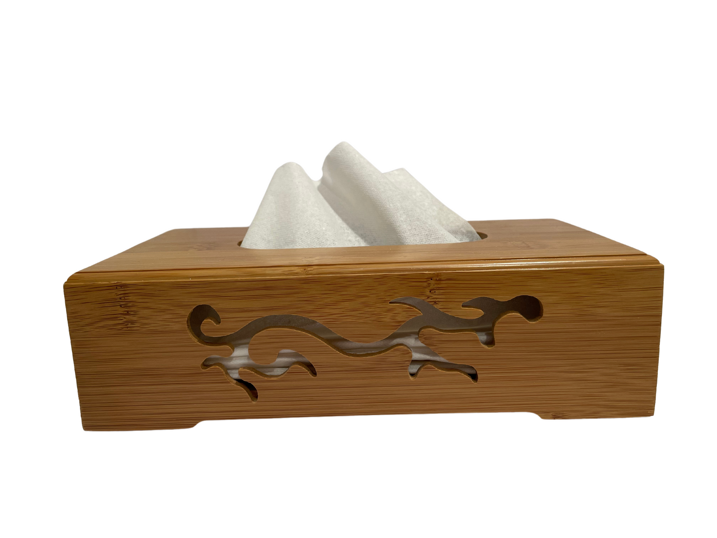 Bamboo tissue box with natural wood grain and decorative cutout side panels on Tampa Home & Garden Store