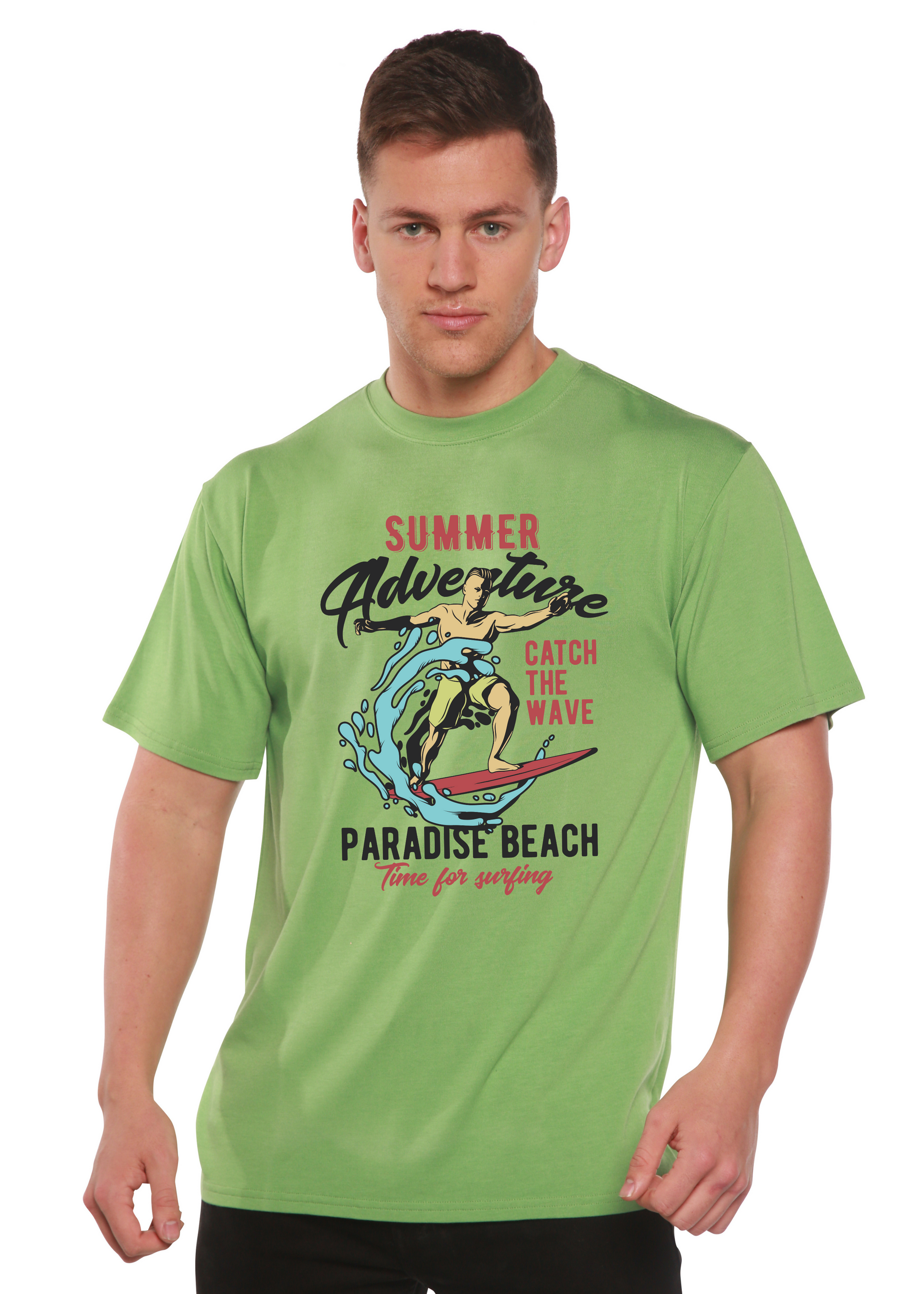 Catch The Wave men's green Spun Bamboo graphic tee with surfing wave print on Tampa Home & Garden Store