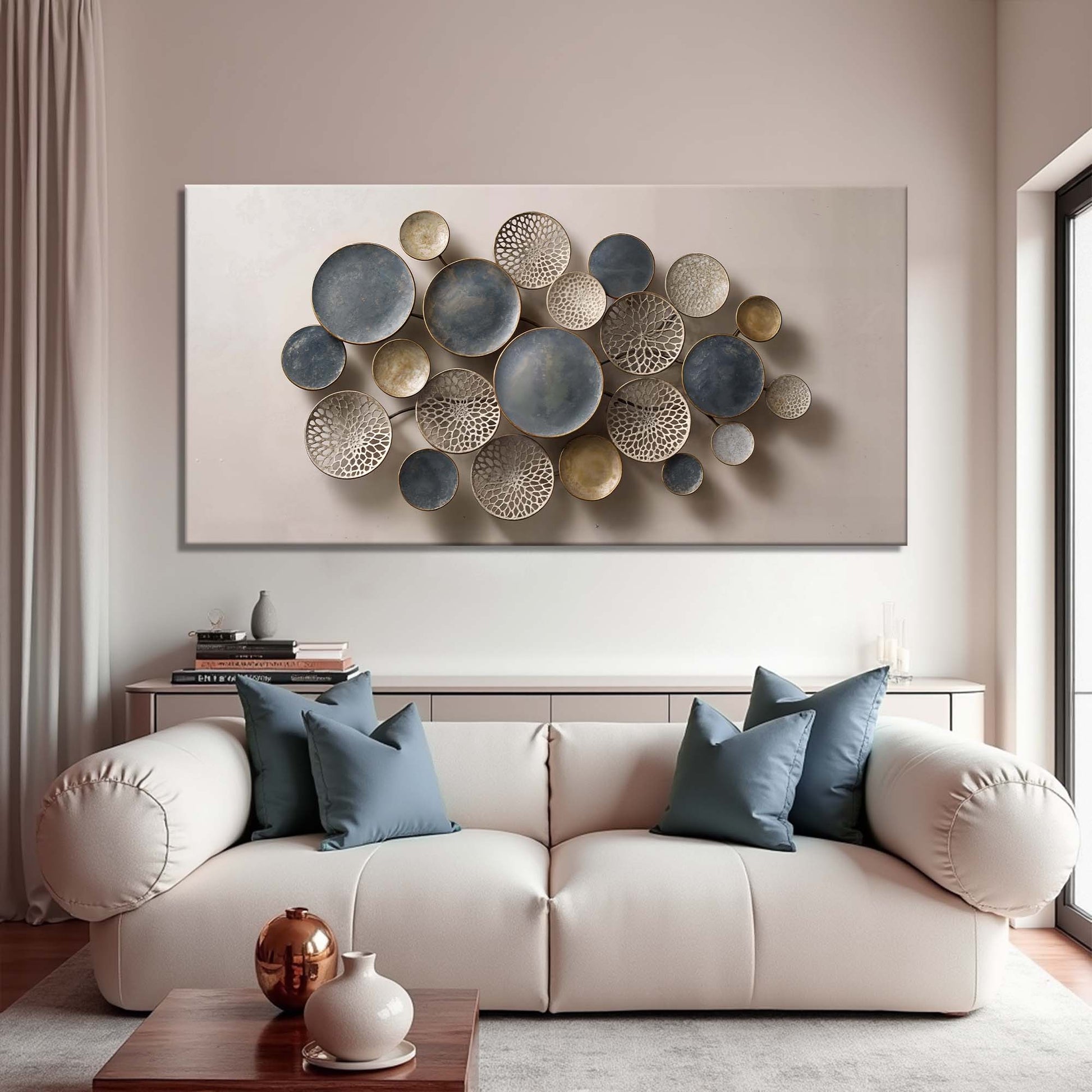 Lotus Leaf Abstract Wall Art IV canvas Tailored Canvases, blue-gray and antique-gold circles on Tampa Home & Garden Store