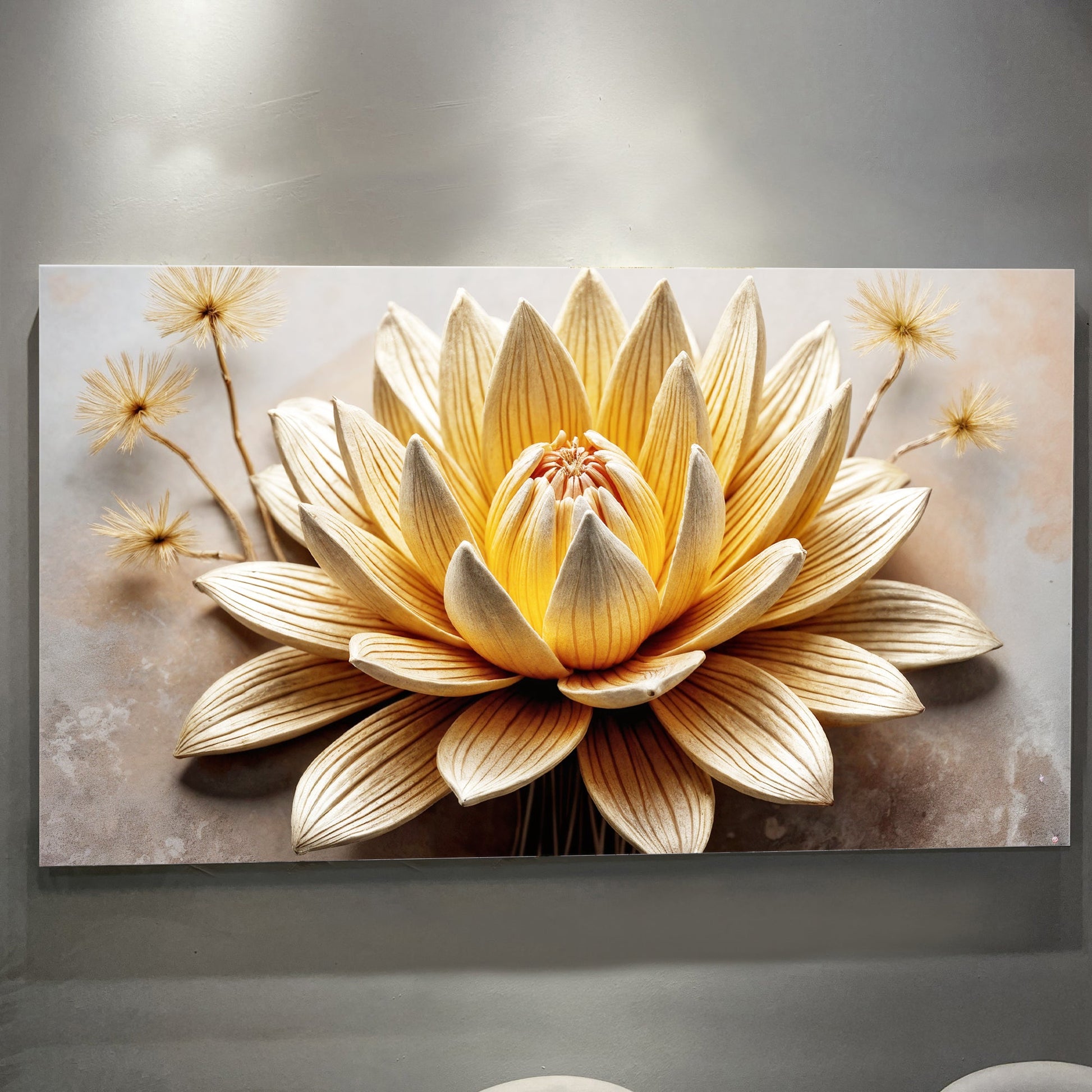 Golden Lotus Minimalist Abstract Wall Art II canvas by Tailored Canvases with yellow petals on Tampa Home & Garden Store