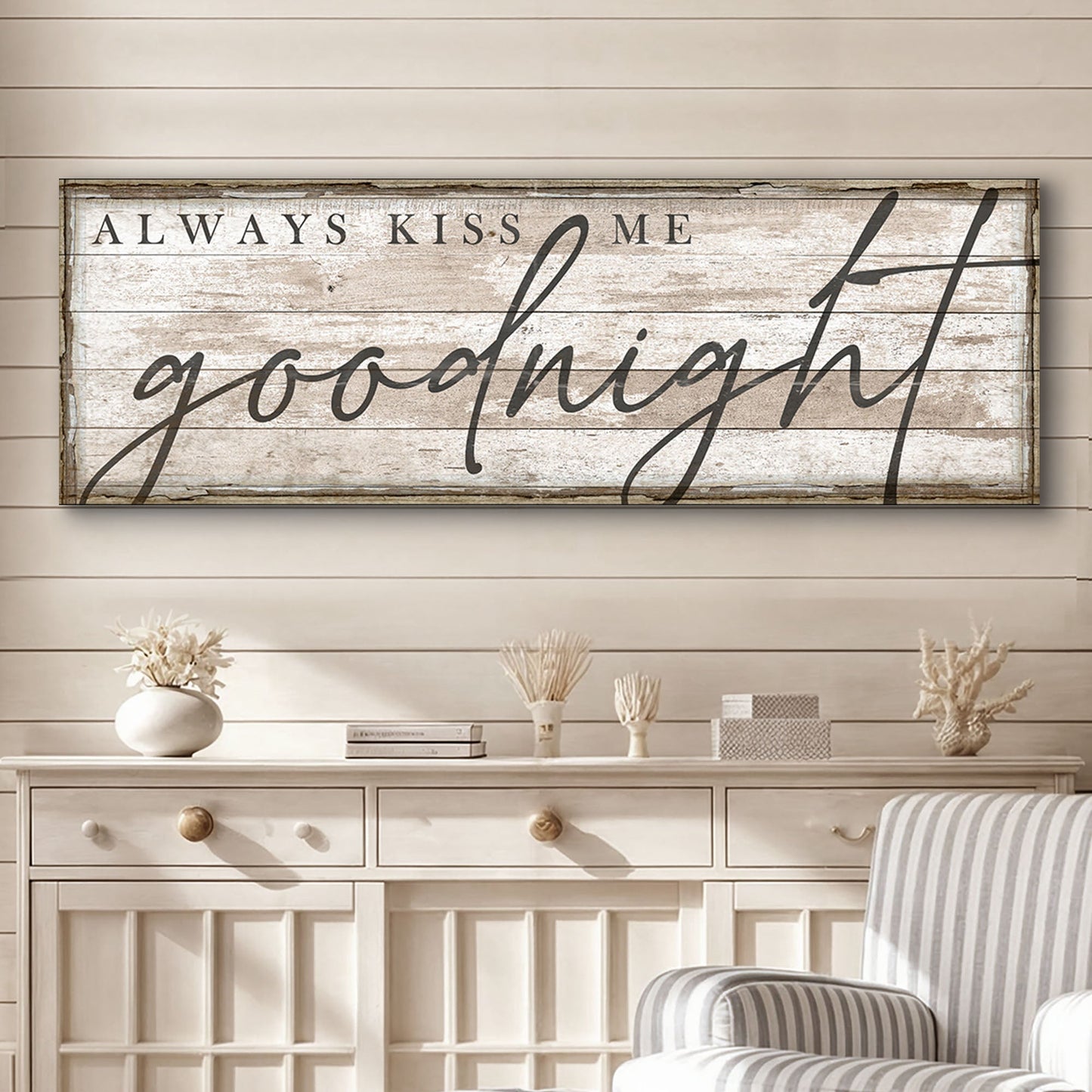 Always Kiss Me Goodnight canvas bedroom sign II by Tailored Canvases with rustic plank finish on Tampa Home & Garden Store