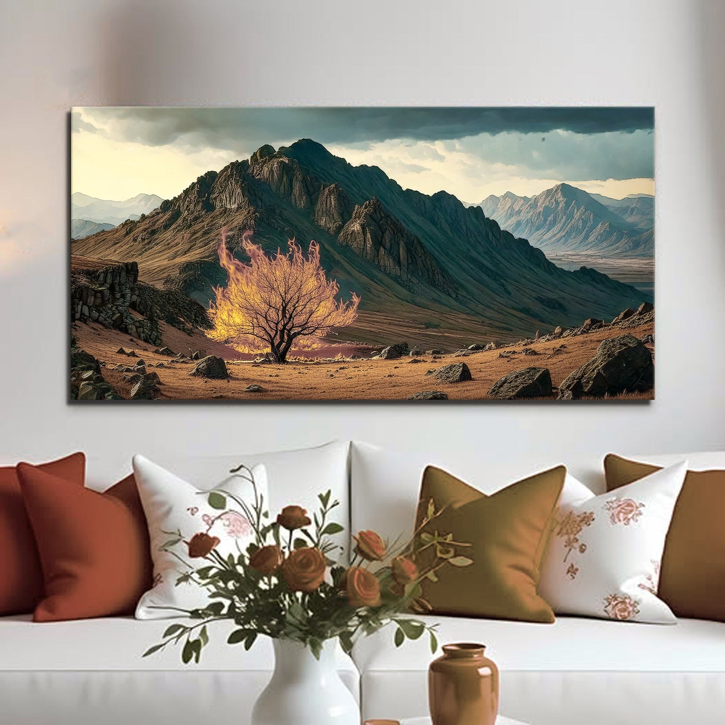 Burning Bush Faith Wall Art VI canvas by Tailored Canvases; dramatic flame tree in mountains on Tampa Home & Garden Store