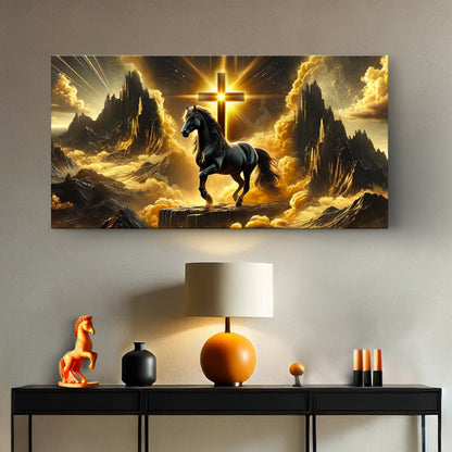 3D Horse Faith Wall Art canvas by Tailored Canvases features a black horse with a golden cross on Tampa Home & Garden Store