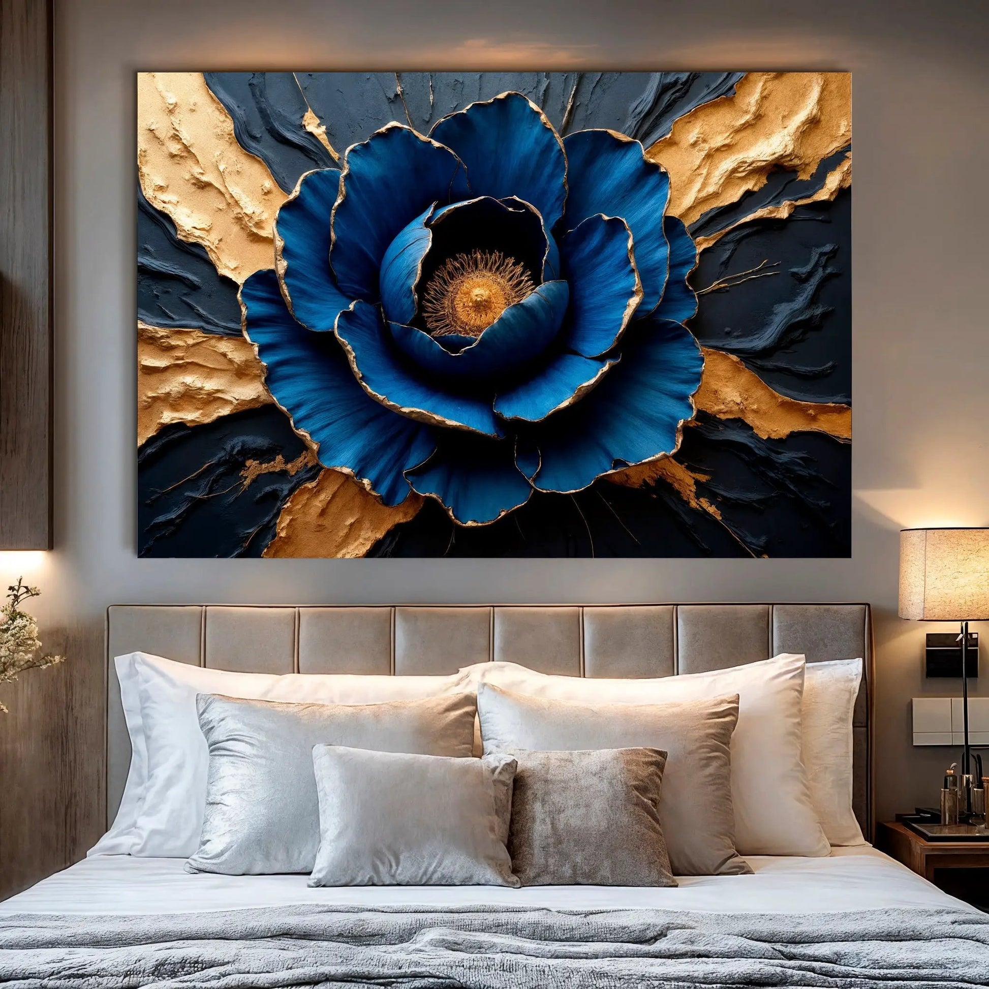 Sapphire Bloom Wall Art canvas by Tailored Canvases in blue with gold-edged petals on Tampa Home & Garden Store