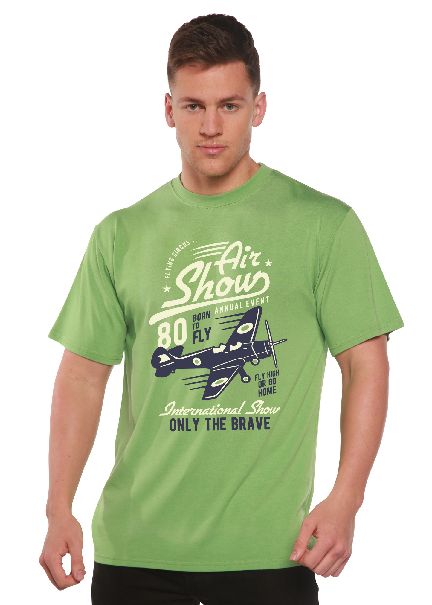 Air Show graphic tee in lime green by Spun Bamboo viscose/organic cotton tee with airplane on Tampa Home & Garden Store