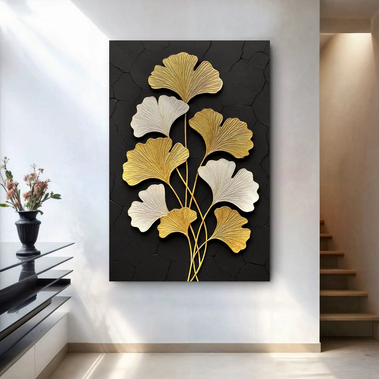 Golden Ginkgo Wall Art Canvas featuring gold leaves on a textured black cracked backdrop on Tampa Home & Garden Store