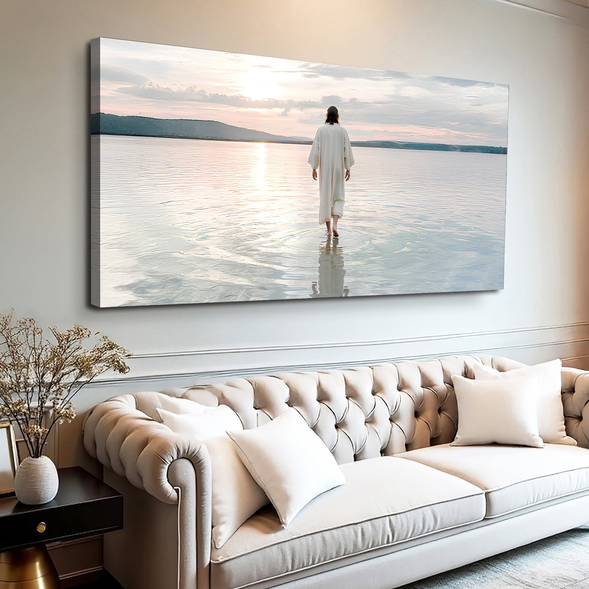 Reflections Faith Wall Art VI canvas by Tailored Canvases white-robed figure at sunset lake on Tampa Home & Garden Store